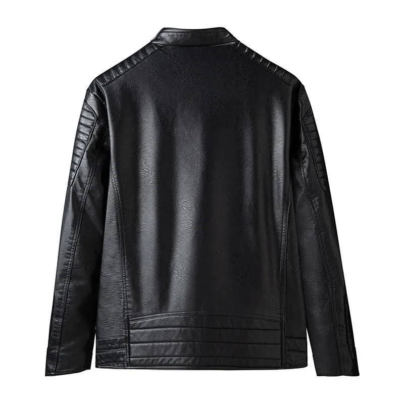 Men's PU leather motorcycle jacket in black, regular fit, zip front with zipper pockets, full length view
