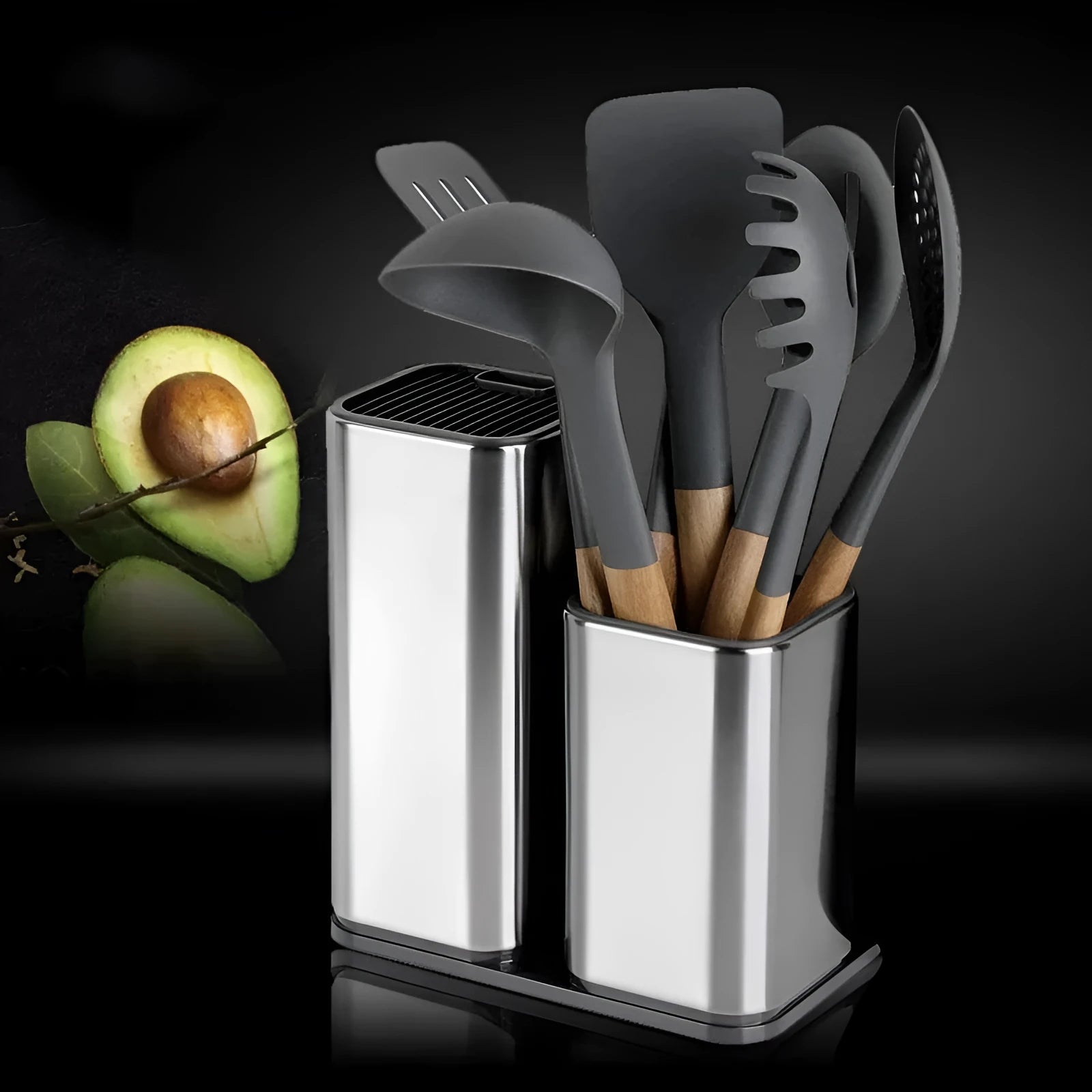 Black and white kitchen knife holder with storage bucket and detachable base on a countertop.
