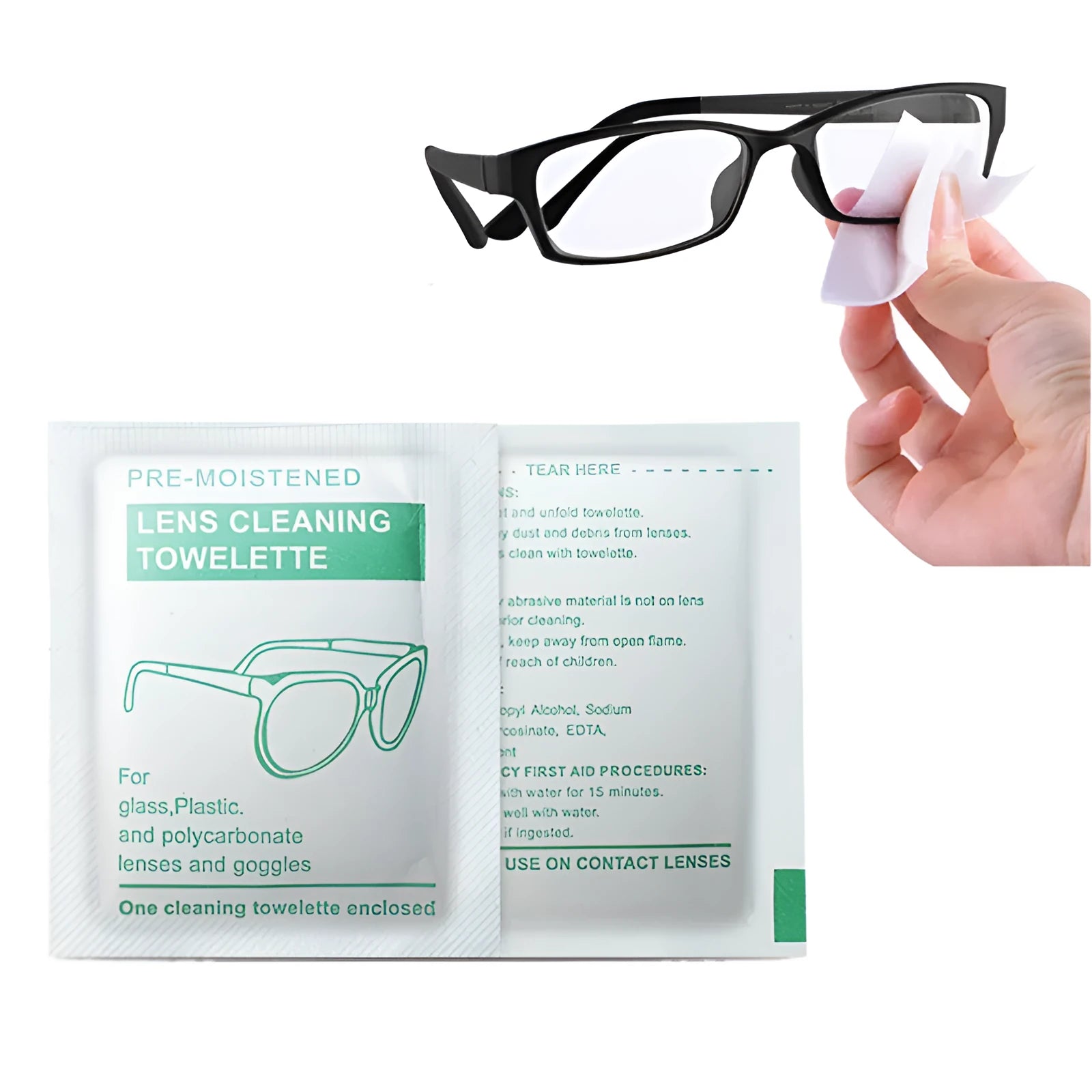 100 individually packaged quick-drying white wipes for cleaning glasses and optical lenses