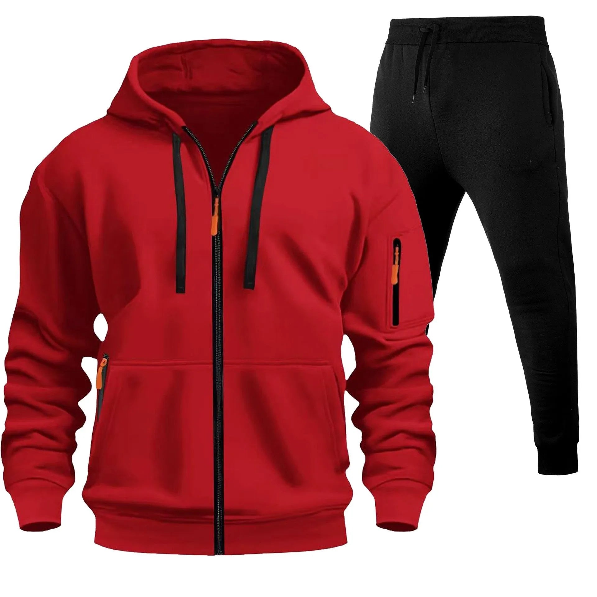 Men's sports hoodie set with zip-up front, multiple pockets, and wool lining in camel colour