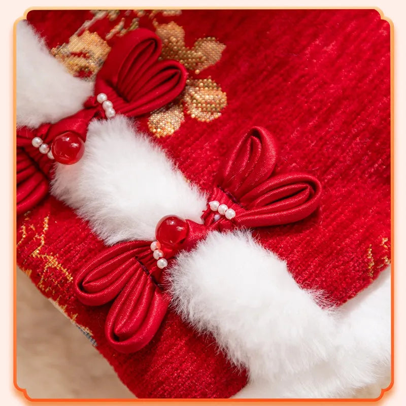 Chinese New Year pet vest with Chinese knot buttons, faux fur trim, and built-in leash ring in red or beige