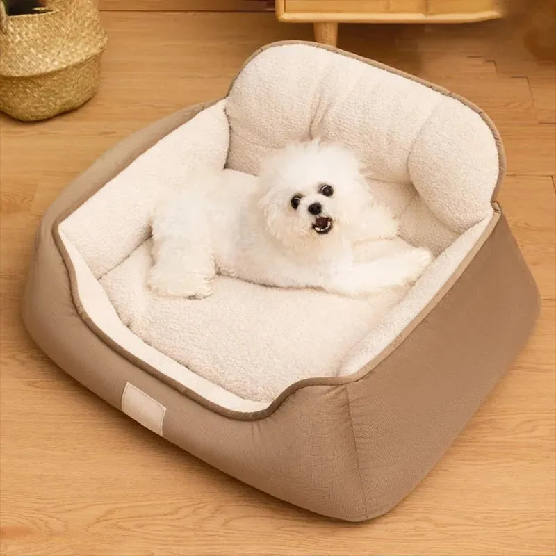 Medium plush foam dog bed in grey with raised edges and non-slip base, size M 60x50x29cm