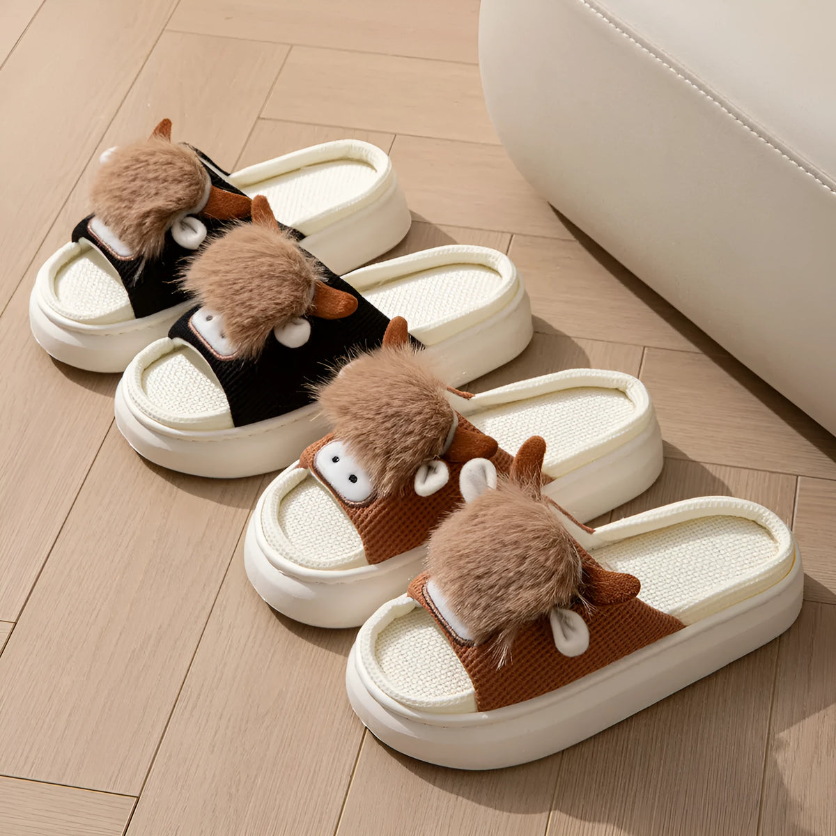 Women's linen indoor slippers with EVA soft sole, hollow-out upper, toe ring flip flop style, khaki or black, sizes 36-45