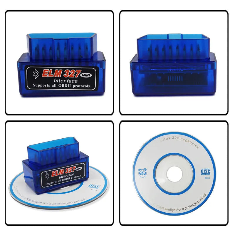 Compact dual-mode ELM327 OBD2 Bluetooth diagnostic scanner for vehicle fault codes.
