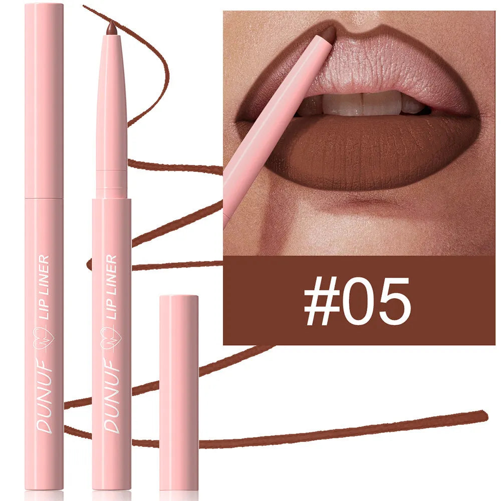 Velvet matte lip liner pencil in a display of 12 different colour shades.