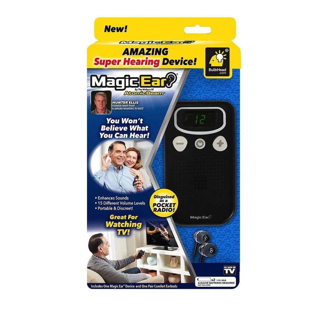Silver personal voice enhancer hearing aid with digital display resembling handheld FM radio