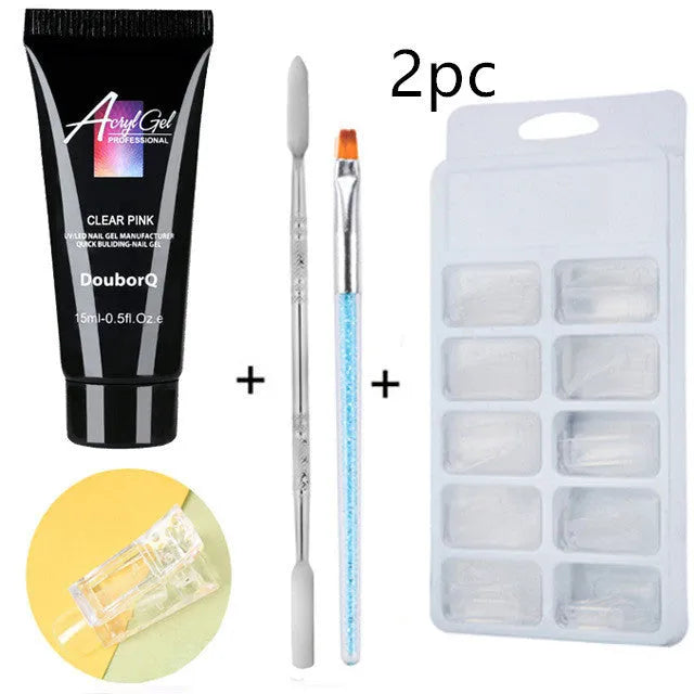 Clear nail polish art kit with resin gel, sponge, brush, and nail sticker for DIY manicure