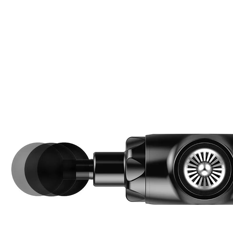 Black and white deep tissue massage gun with adjustable speed settings on display.