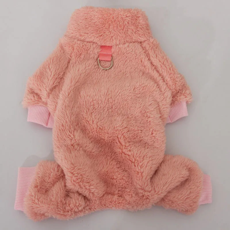Four-legged dog clothing in thick plush fleece with high collar and towing ring in blue colour