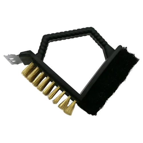 Triangular barbecue cleaning brush with steel wire bristles and black PP plastic handle