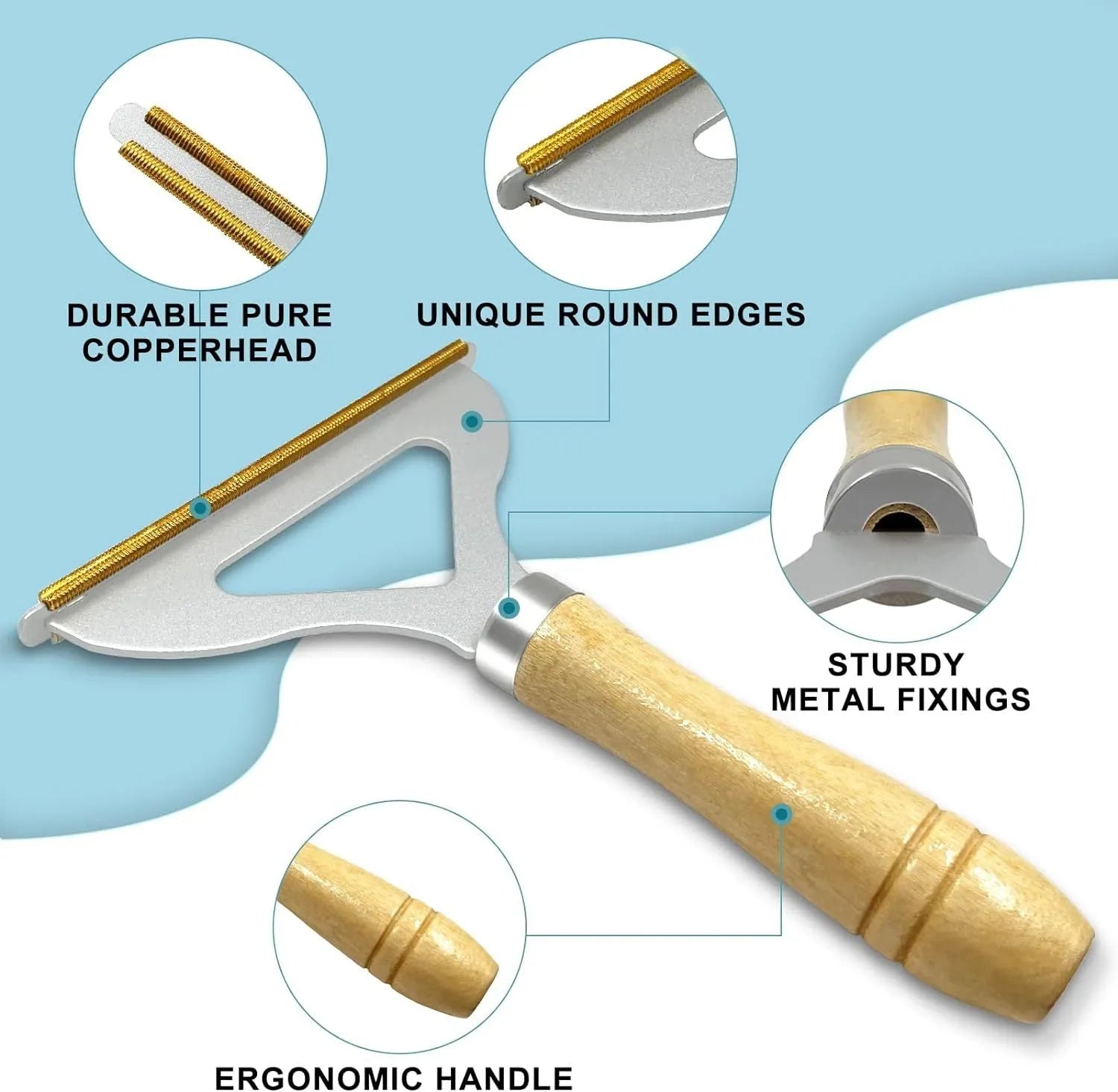 Three-piece pet hair remover set with metal, silicone, and round cleaning tools on a wooden table.