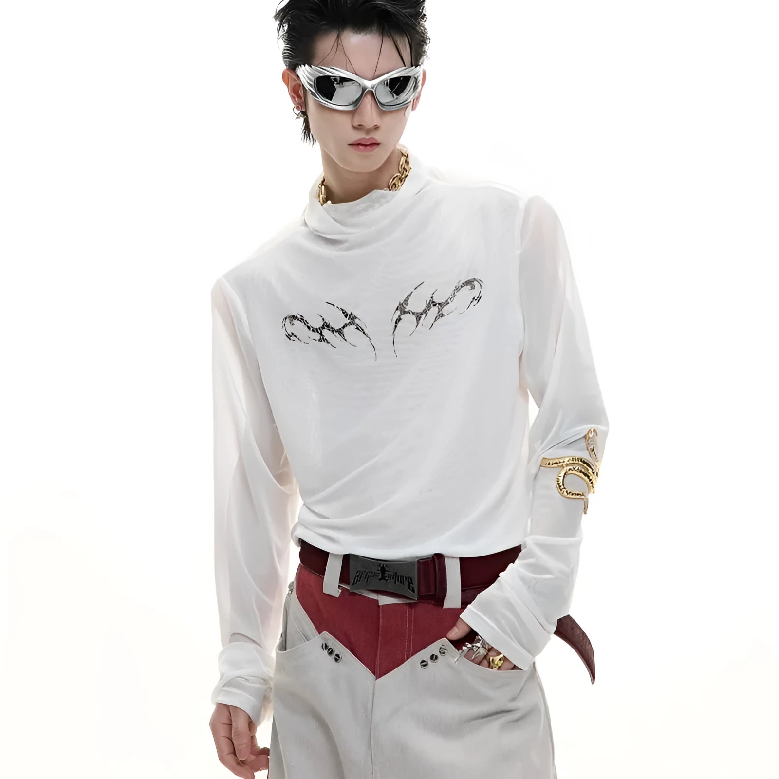 Men's slim fit ice-feel mesh shirt in black and white colours with long sleeves