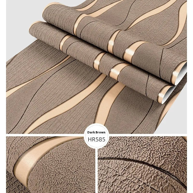 Close-up of light grey 3D stripe wallpaper with thick deerskin velvet texture on a non-woven base.