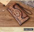 Women's tri-fold leather wallet with embossed floral pattern showing retro brown colour and open 19.5cm dimensions