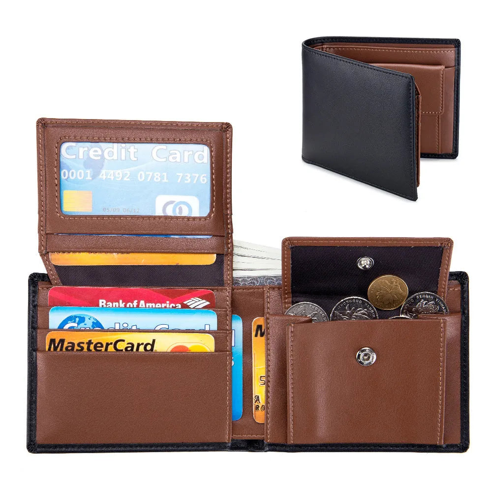 Soft cowhide trifold wallet for men in black with European and American retro print genuine leather