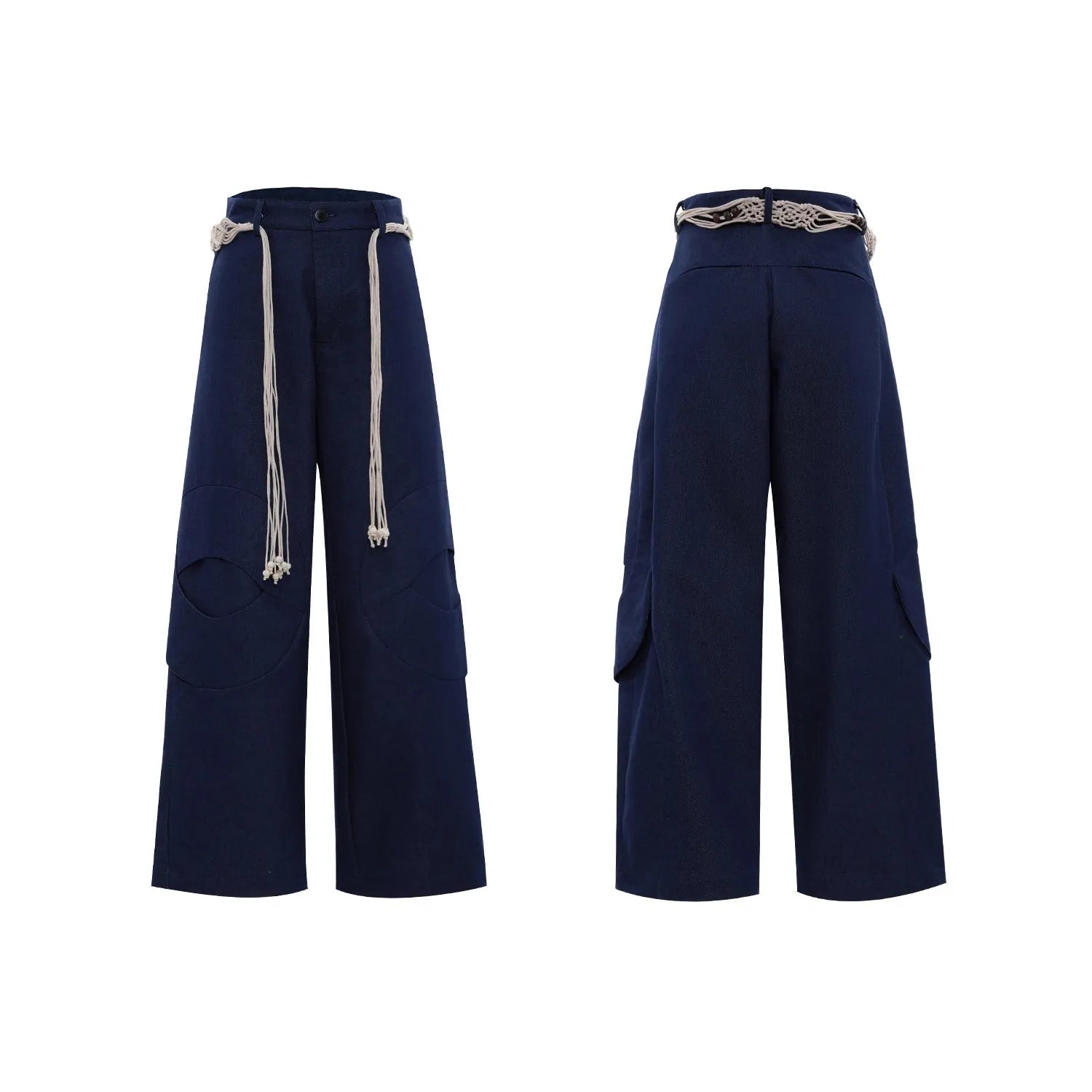 Men's dark blue straight-leg jeans with 3D cutting, belt stitching, and decorative pocket details