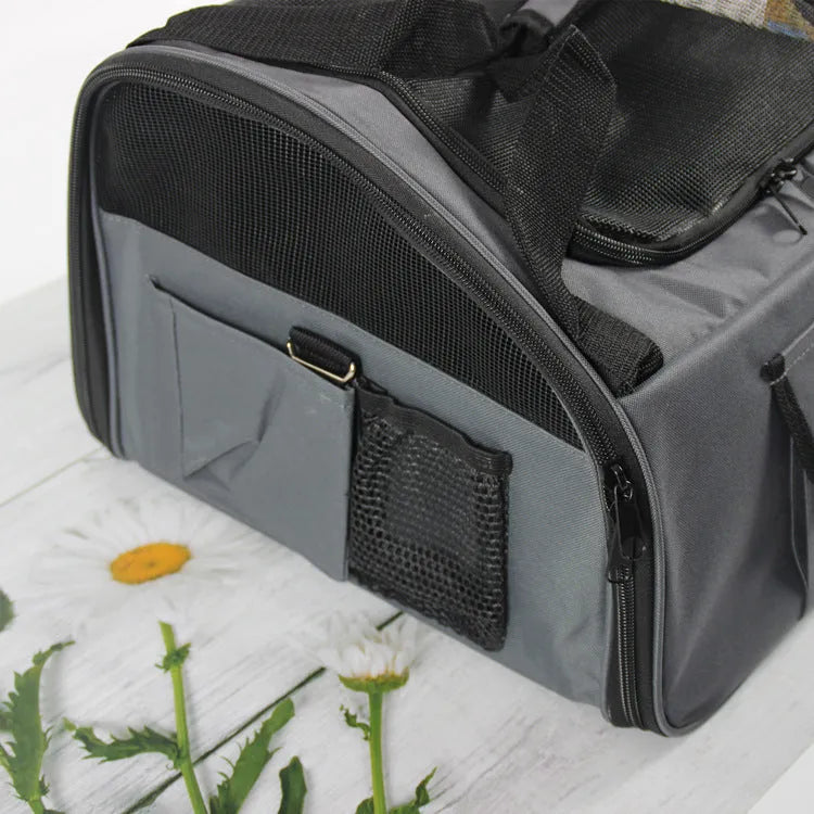 Pet car seat bag in almond colour with quilted fabric and mesh panels on car passenger seat