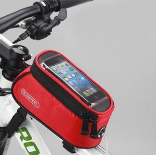 ROSWHEEL black PVC bicycle frame bag holding an iPhone on a bike top tube