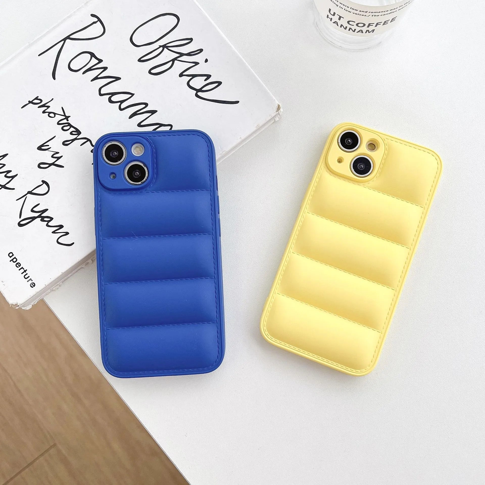 Plastic down jacket phone case for iPhone 15 series in black, shockproof TPU back cover