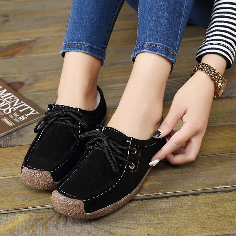 Women's lace-up flat shoes with frosted upper, rubber sole, round toe, and front-tie fastening