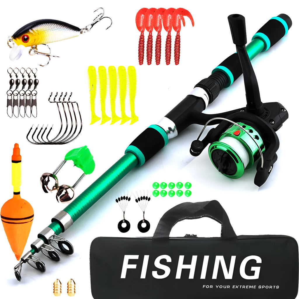 Children's blue telescopic fishing rod and reel combo with bait accessory box on grass