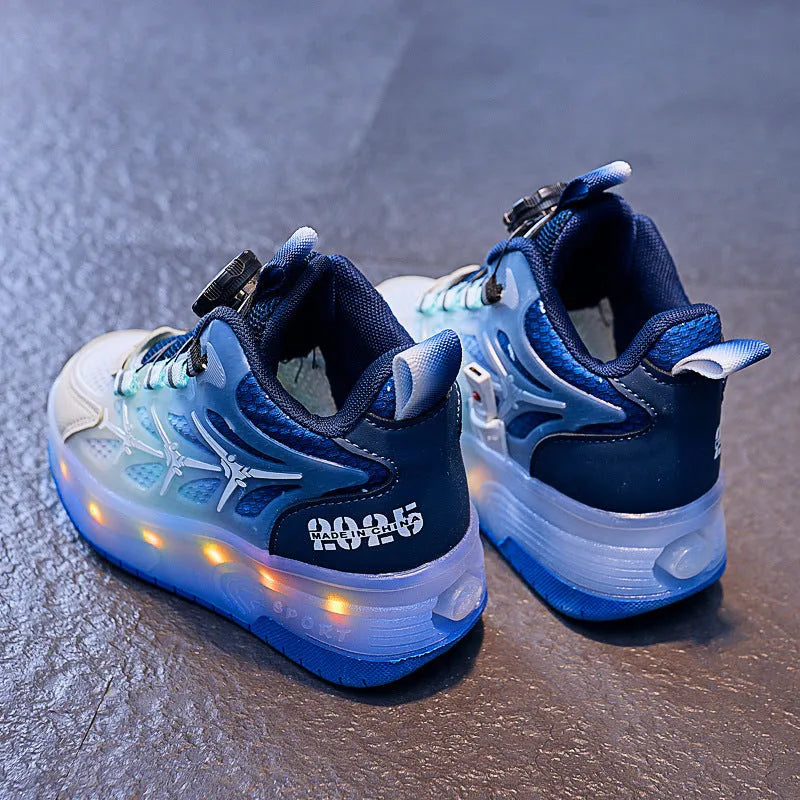 Children's black flash knob roller skating shoes with rotating adjustment mechanism and PVC sole