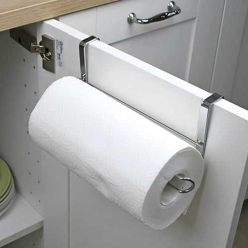 Silver stainless steel cabinet door hanging rack for paper towels, shown from the side.