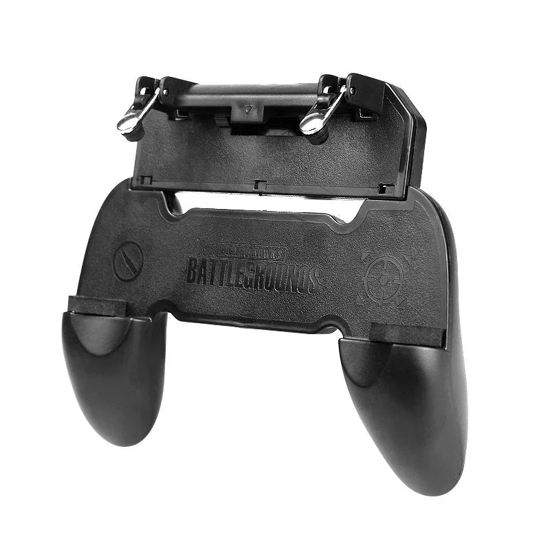 Black plug-in mobile phone gaming handle attached to a smartphone, showing ergonomic grips and physical buttons.