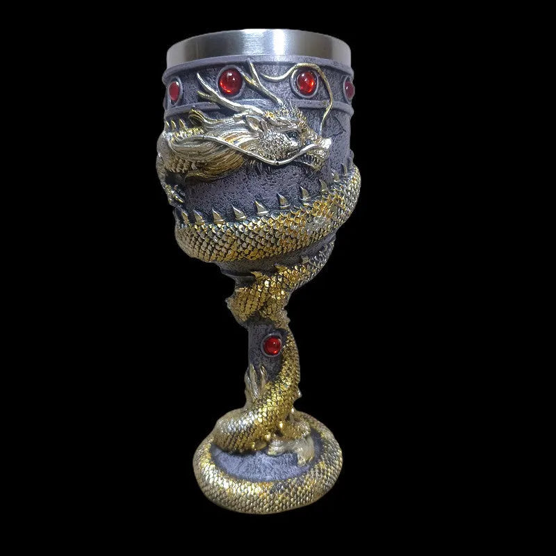Stainless steel wine glass with Chinese dragon design in gold or red colour, 200ml capacity