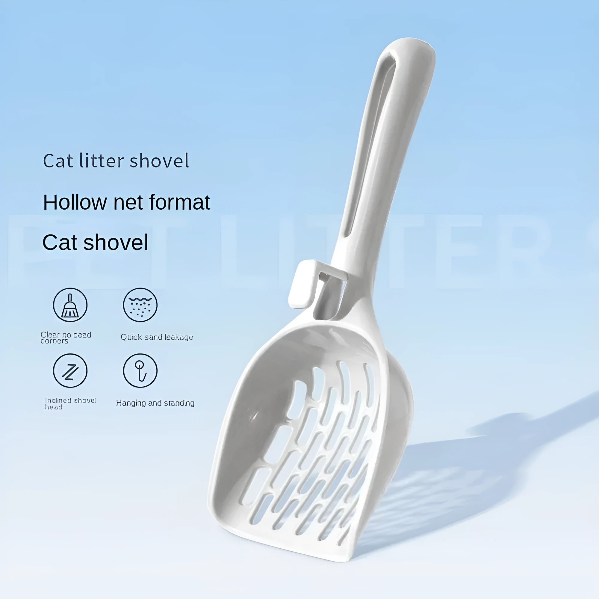Grey plastic cat litter scoop resting in its matching plastic storage base