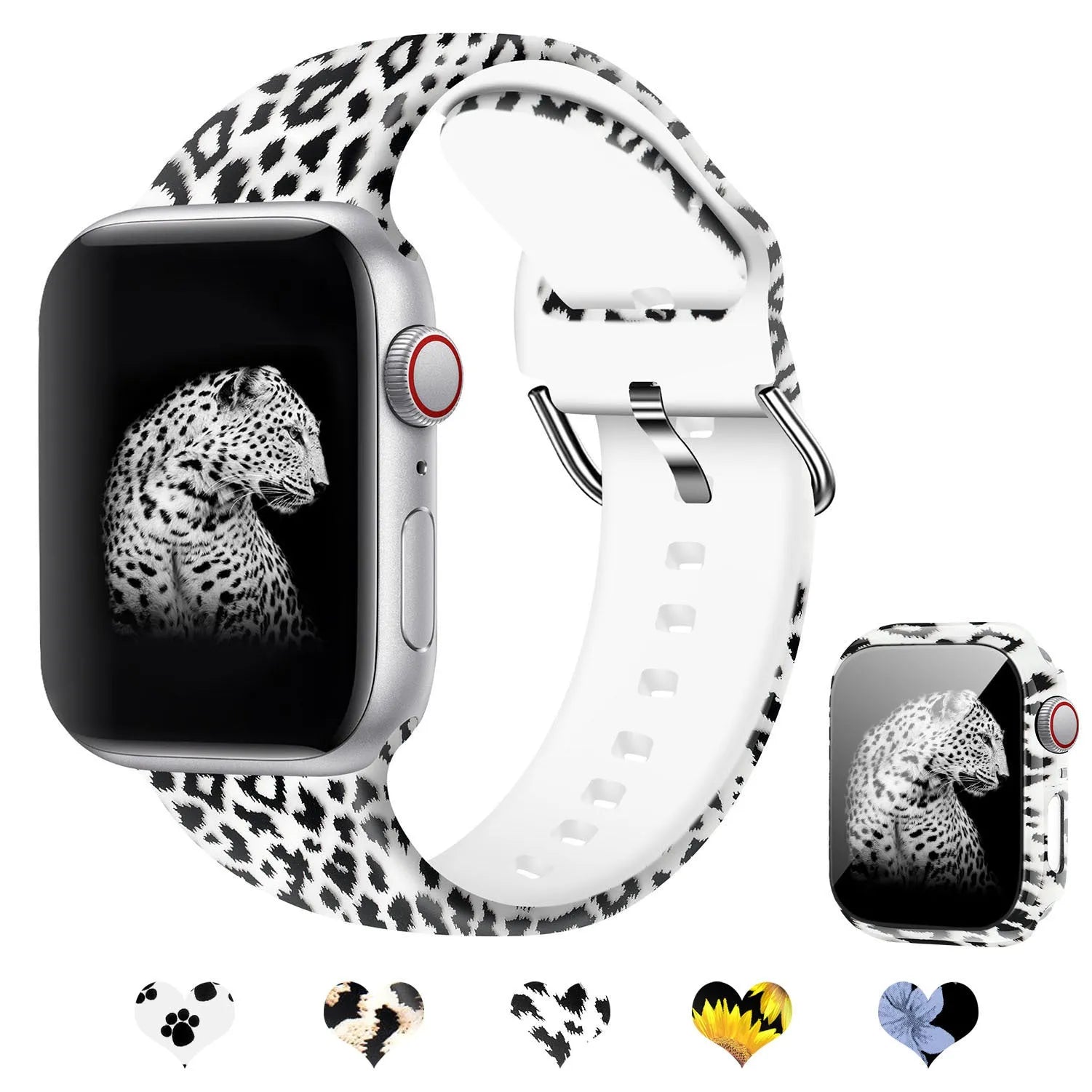 Printed silicone replacement watch strap for Apple iWatch showing multiple design options and size fit.