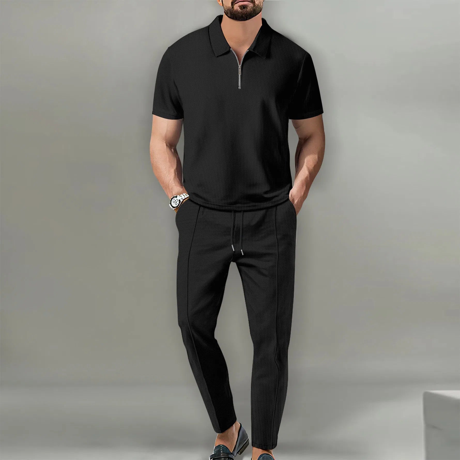 Men's waffle lapel casual suit set short sleeve top and trousers solid colour khaki