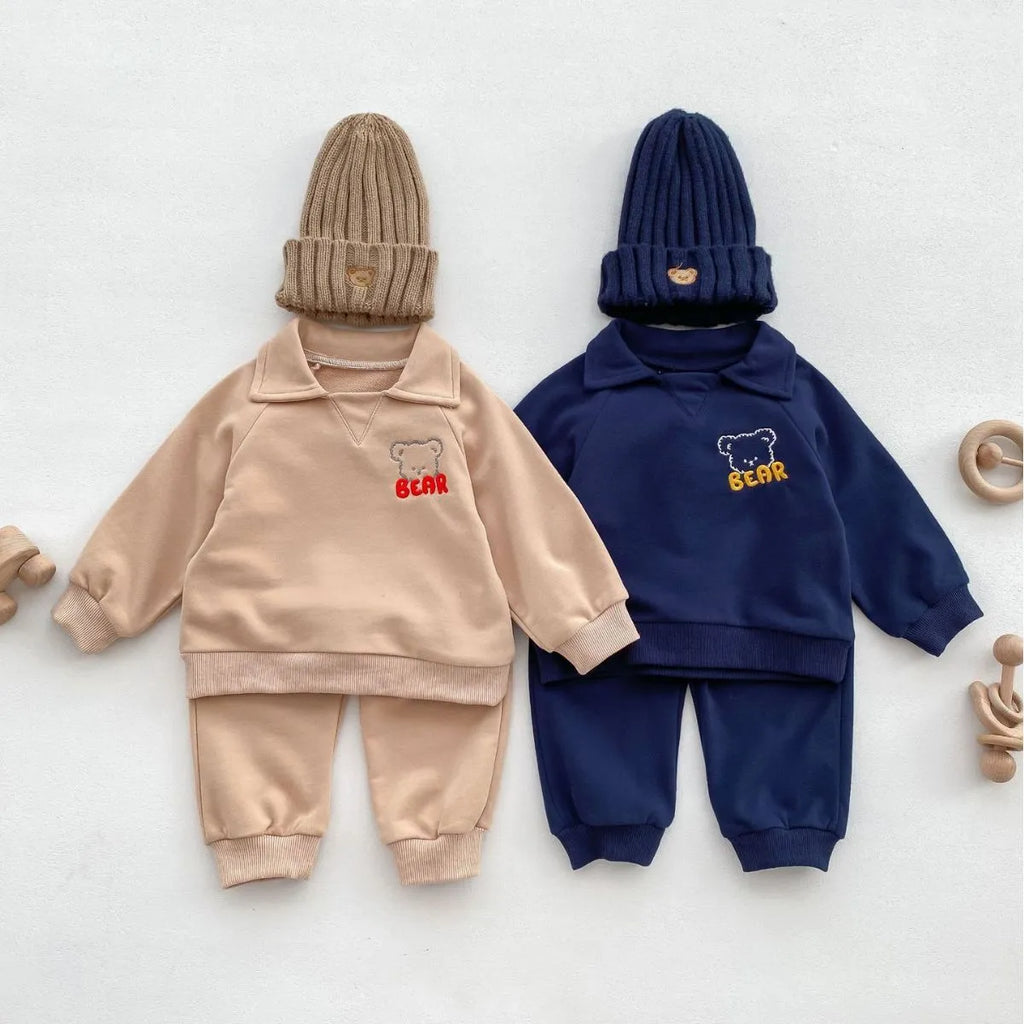 Baby bear lapel sweater two-piece set in sapphire blue or khaki beige, cotton shirt and pants outfit, sizes 66cm to 100cm