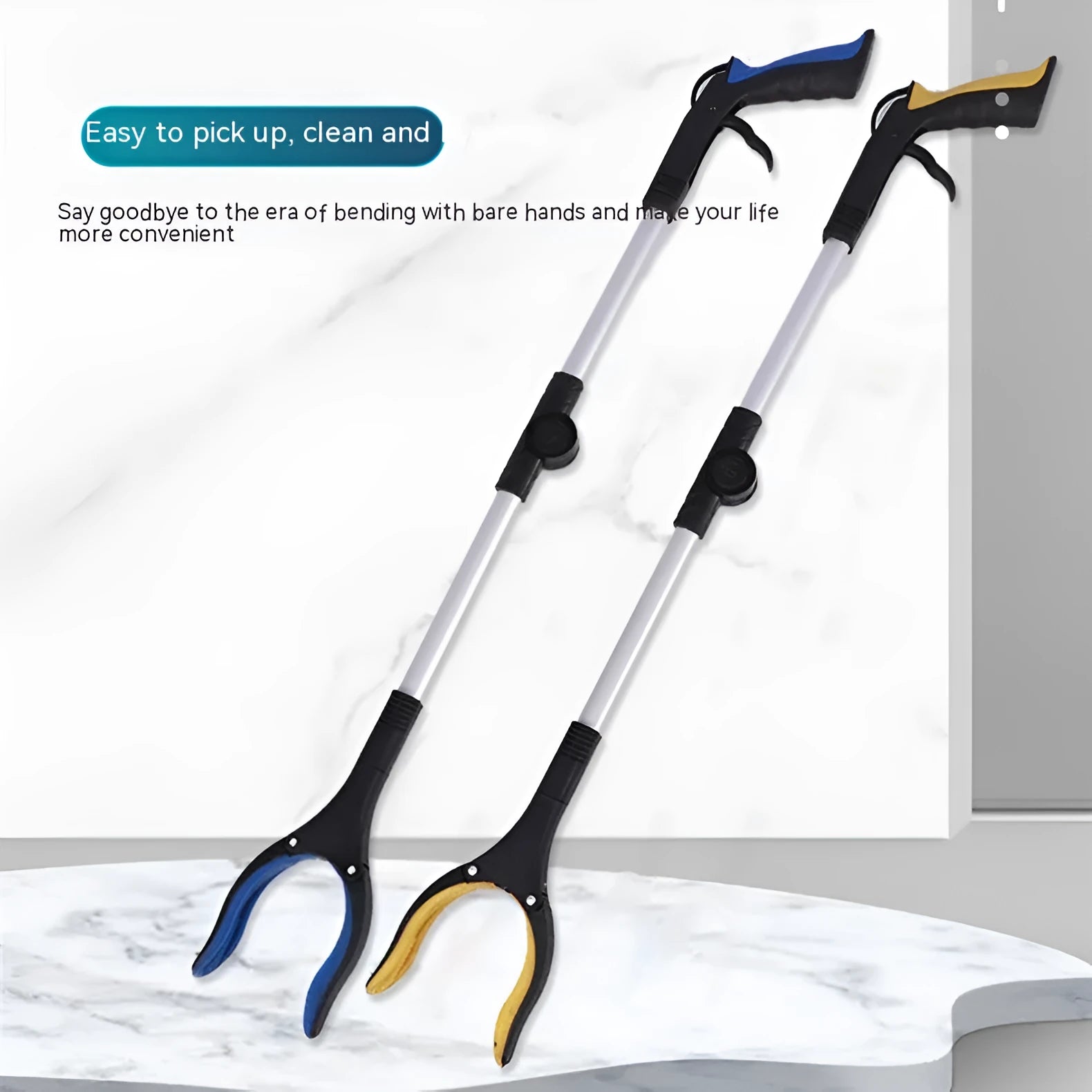 Foldable aluminium garbage pick-up clamp with extended pincers and a coloured handle, shown next to its magnet sucker attachment.