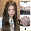 Forehead lace long straight synthetic wig with side bangs in dark brown colour