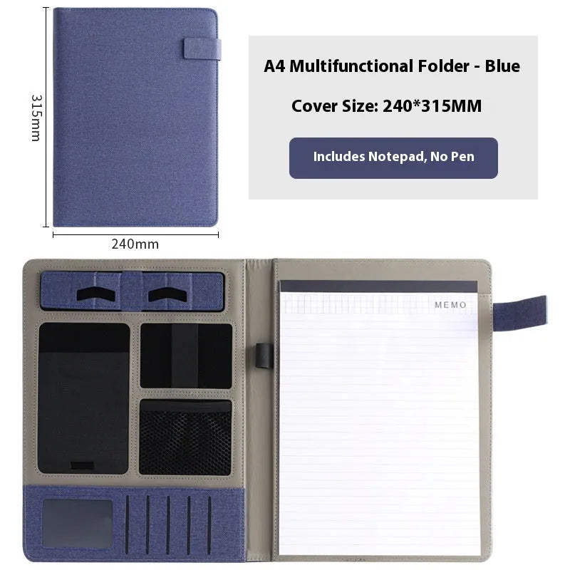 Black leather A4 business folder open, showing interior document space, pen loop, and optional notepad.