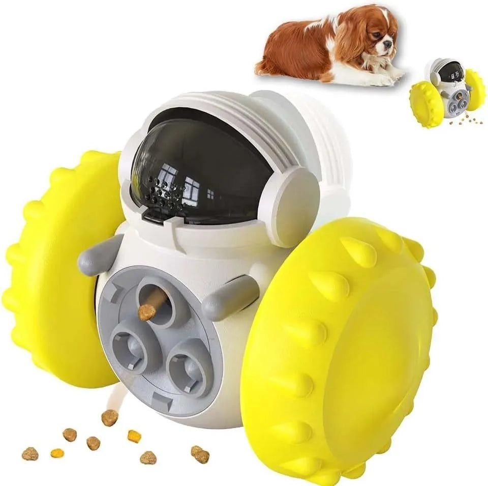 Robot-shaped tumbler pet treat dispenser toy in assorted colours for small dogs and cats