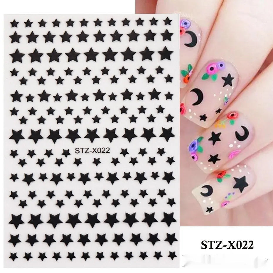 Cartoon-themed nail art sticker sheet with black and silver strip patterns and love motifs