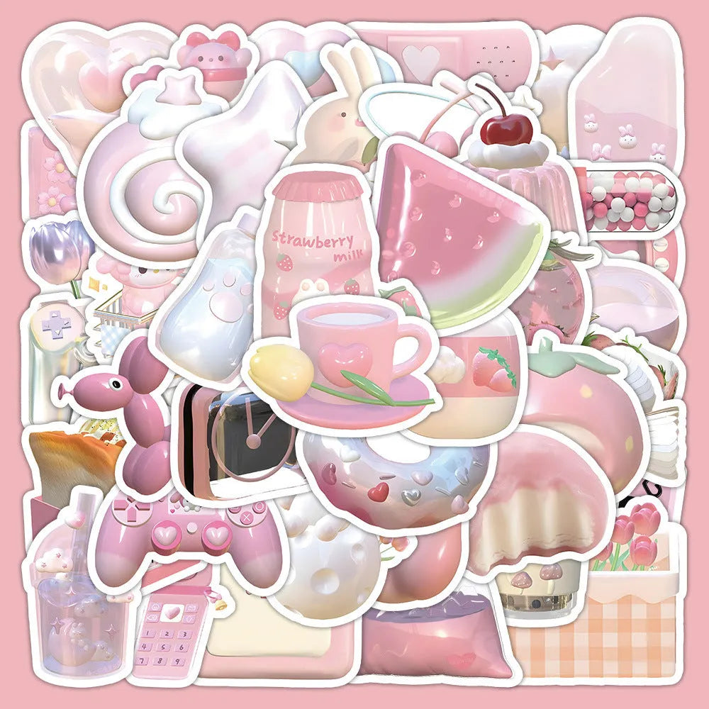 Sheet of 63 light pink 3D decorative stickers with cute girl and heart designs.
