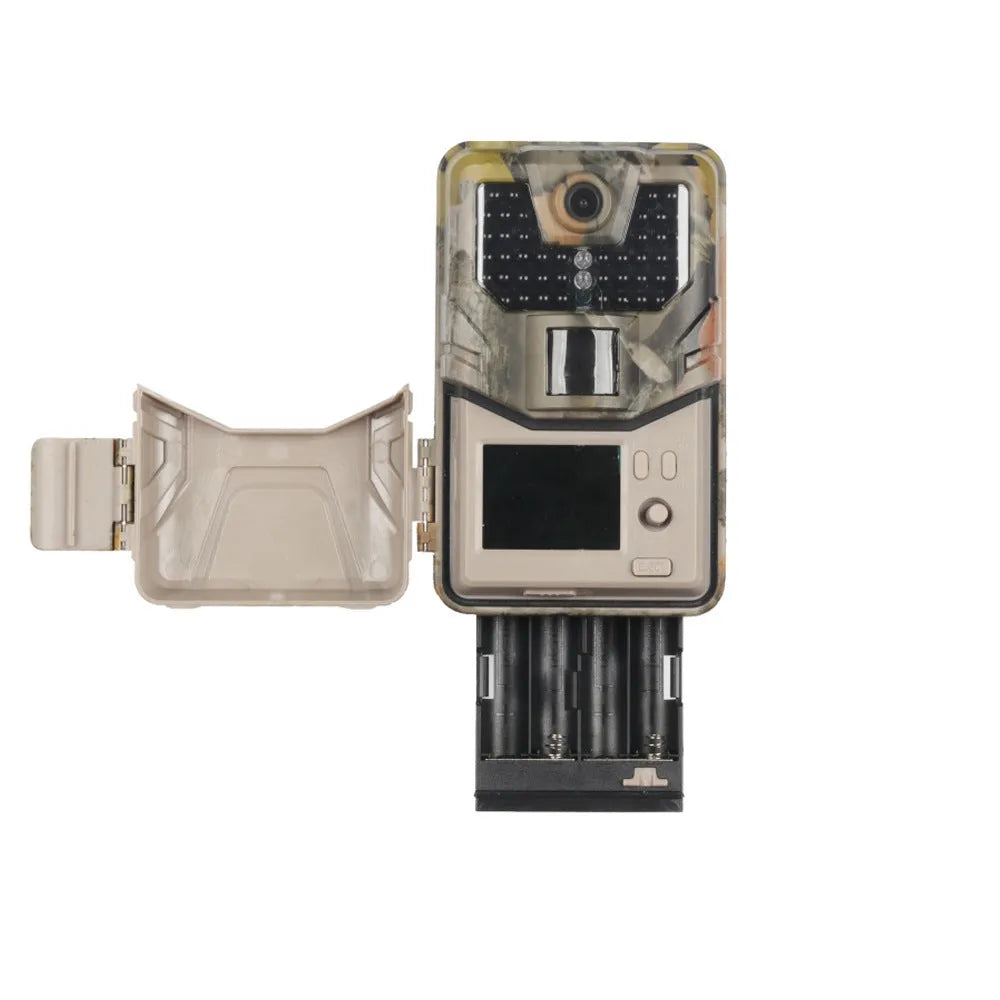Compact camouflage trail camera with infrared LEDs, showing front display and lens.