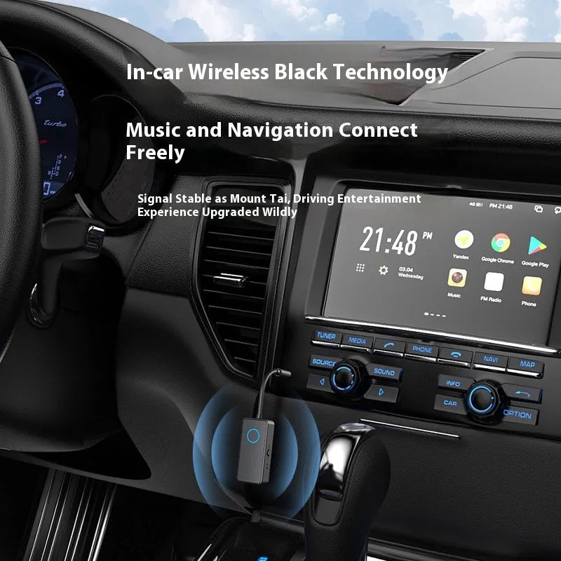 Black Bluetooth 5.4 audio adapter with a 3.5mm plug for wireless streaming to speakers and headphones.