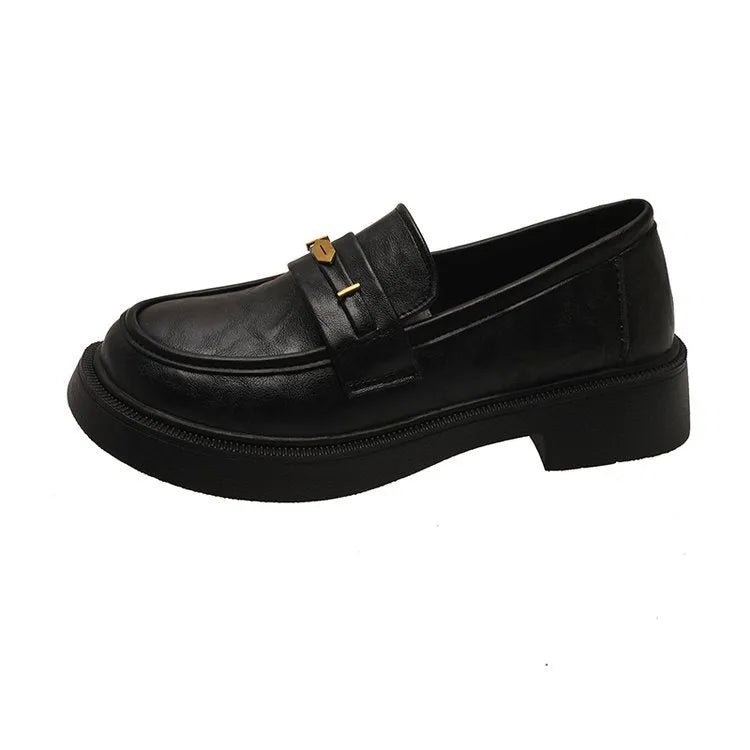 All-match metal commuter soft bottom soft surface small leather shoes for women - microfiber round toe flat heel, black or brown