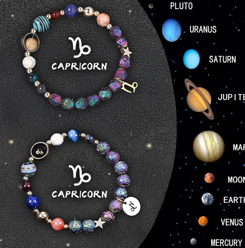 Two natural stone beaded bracelets with adjustable cords on a wooden surface, showing zodiac symbol designs.