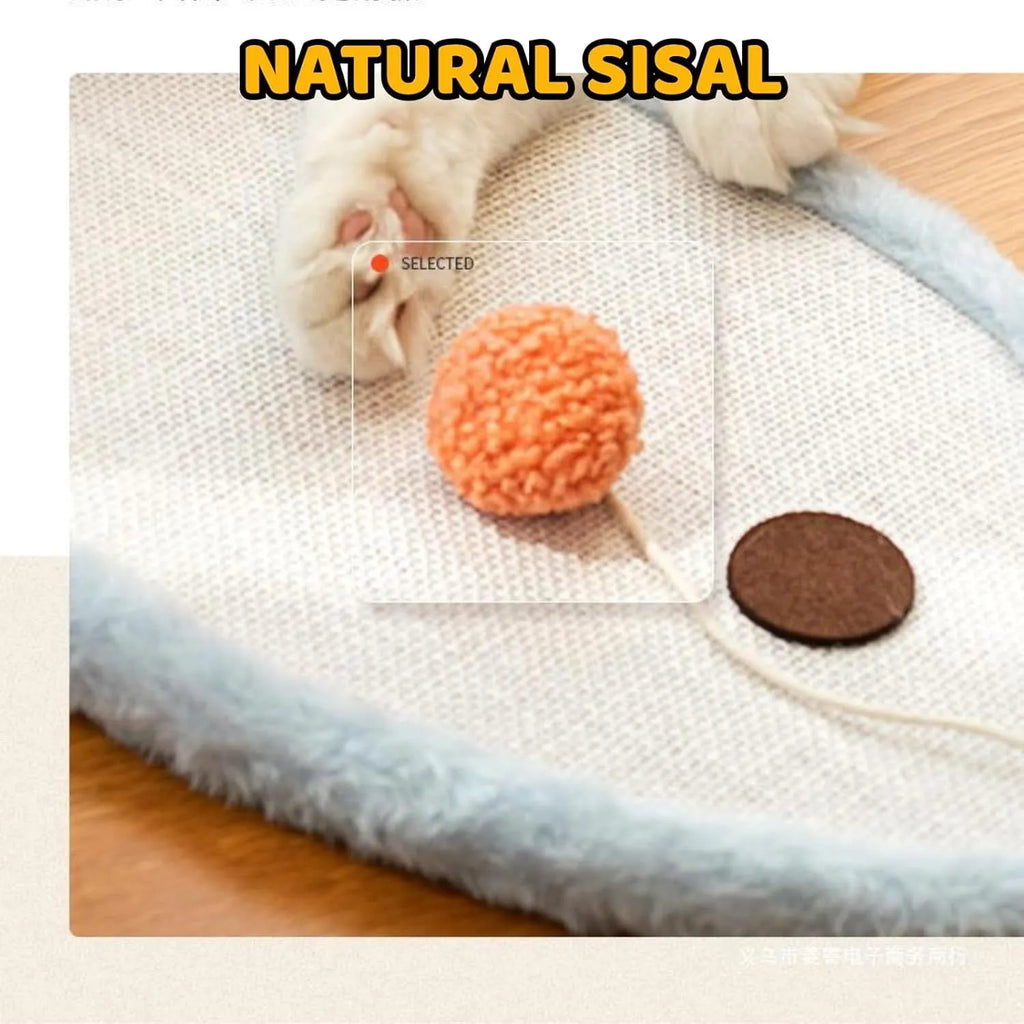 White cat scratching mat with cartoon sleeping cat design made from natural sisal fibre.