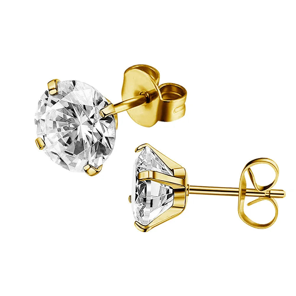 Titanium steel geometric zircon stud earrings showing square and round designs in gold and steel colour finishes