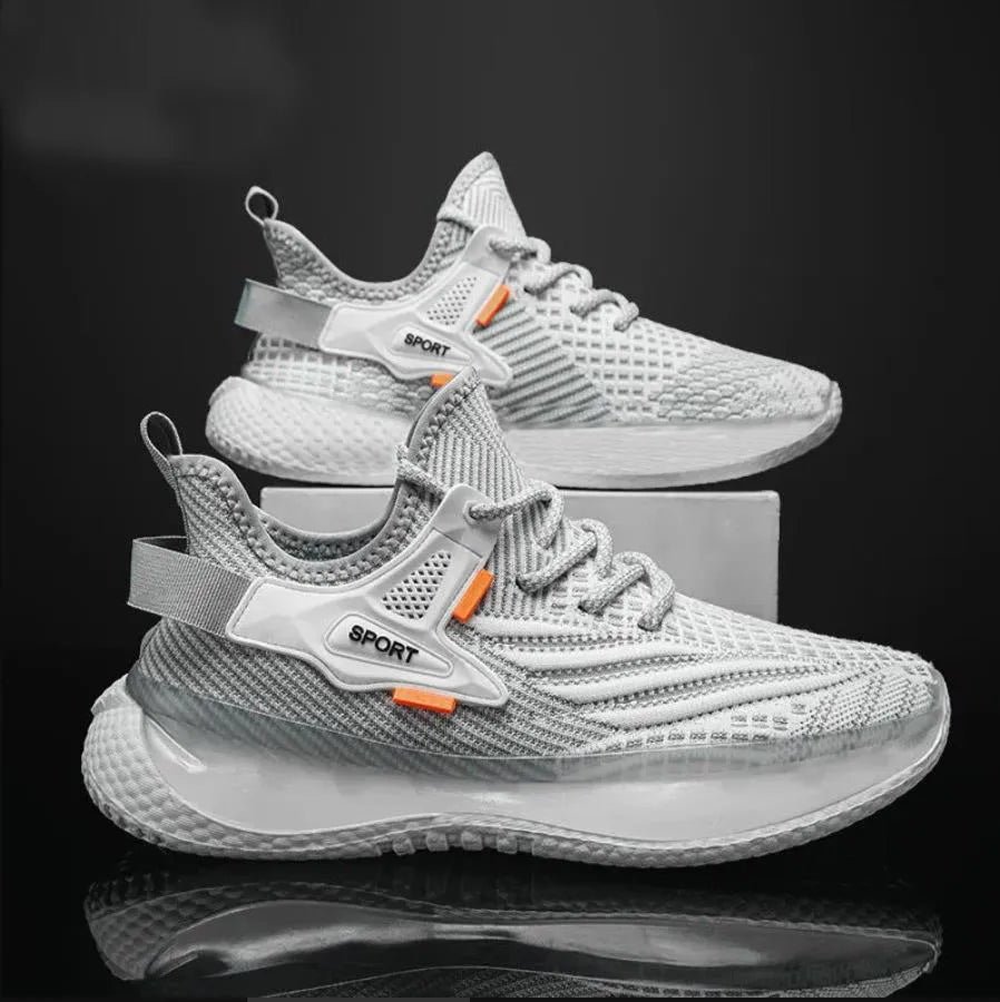 Men's white mesh platform sneakers with woven design and flat rubber sole