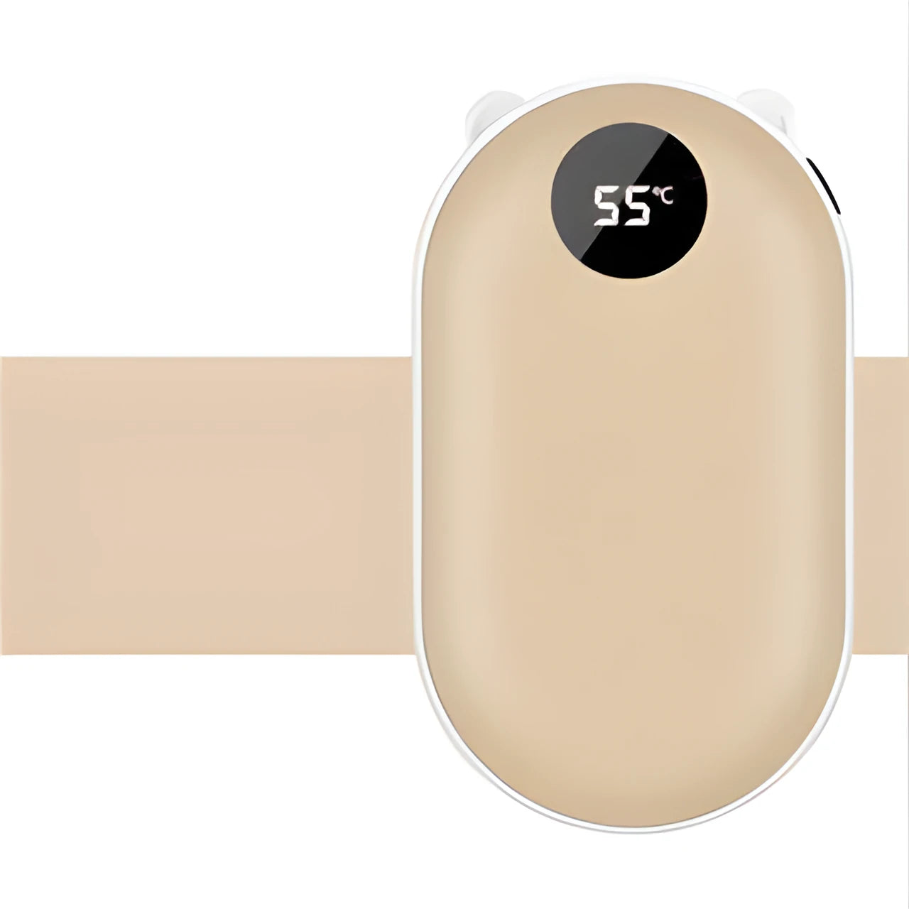 Rechargeable mini hand warmer and power bank device showing various colour options including rose gold and sky blue