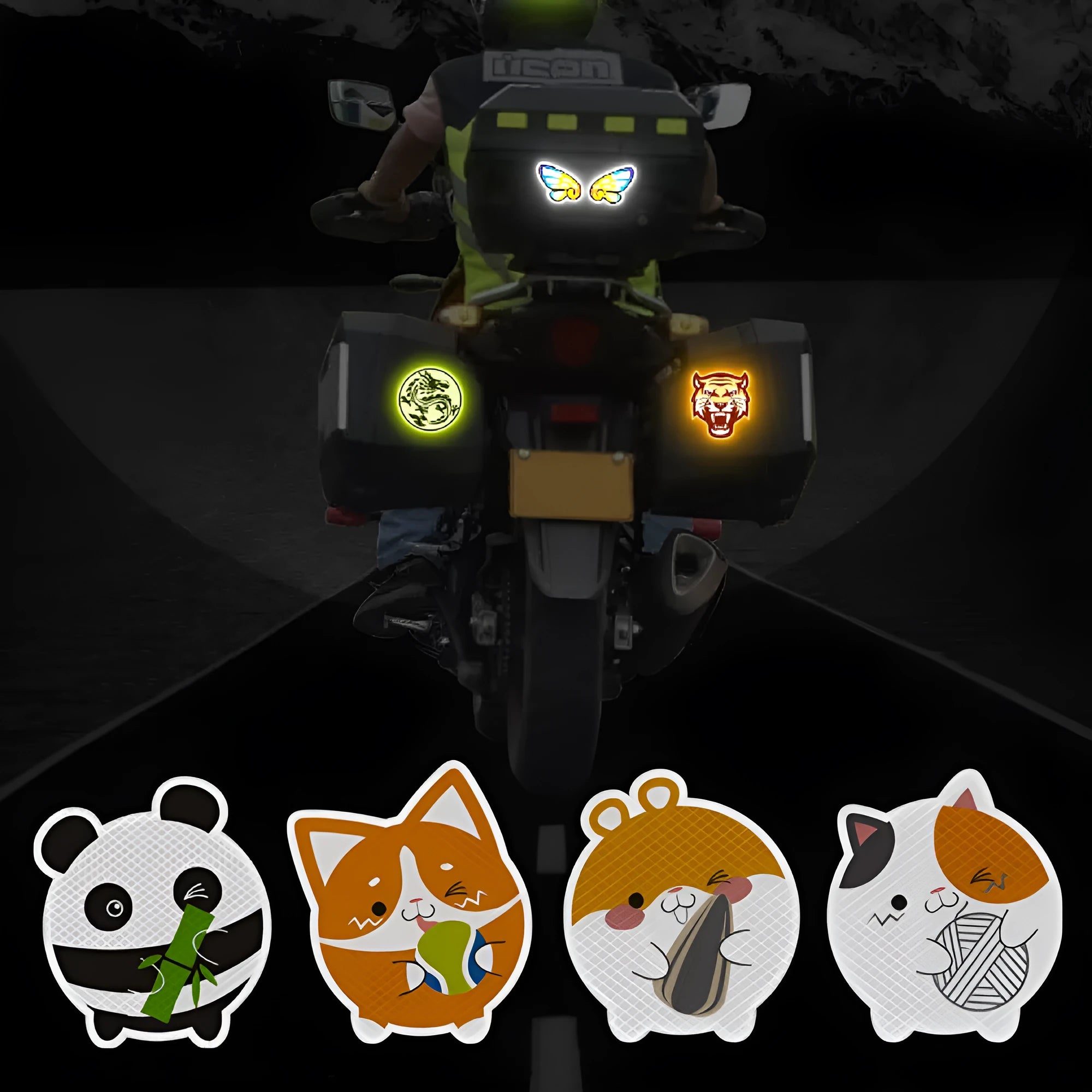 Pair of diamond reflective warning stickers for cars and motorbikes, showing sample designs like a dragon or cat, approx 9 cm by 5 cm.