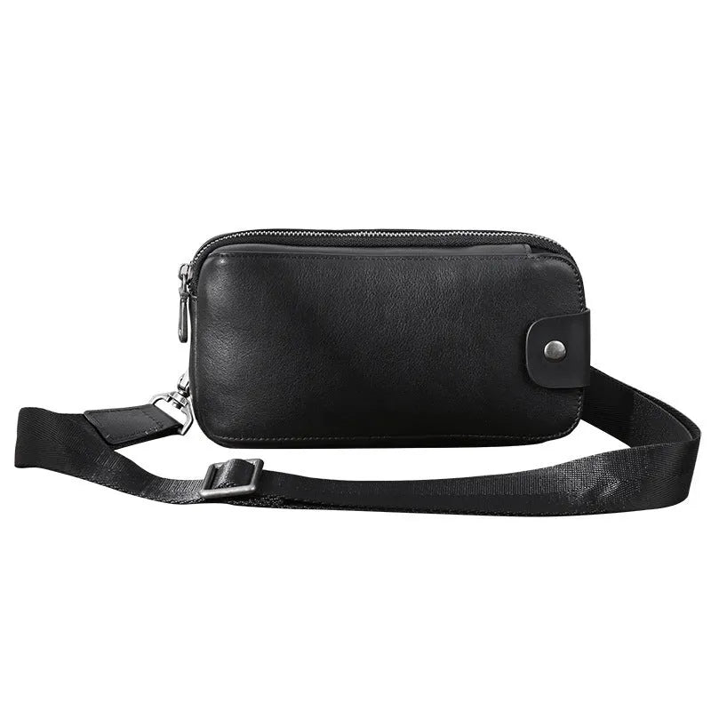 Men's small phantom black cowhide crossbody bag with pillow shape and zipper pockets