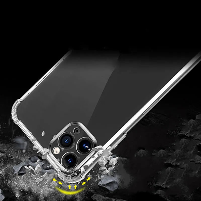 Thickened four-corner airbag iPhone case in transparent TPU with fine hole design, back cover style.